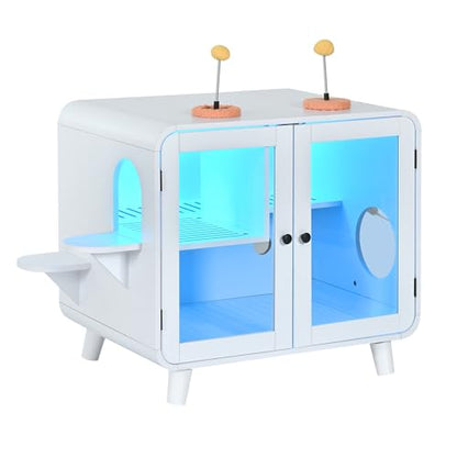 Merax Cat Hidden Litter Box Enclosure with RGB LED Light – Retro TV-Style Cat House Cabinet with Stairs, Pom-Pom Toys, Litter Leak Walkway & Glass Doors for Living Room,Cream - color: Cream