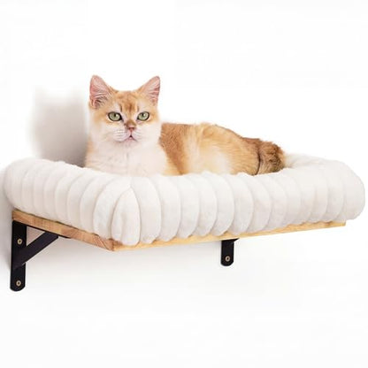 FUKUMARU Cat Wall Shelves, Cat Walls Furniture with Soft Bed, Solid Rubber Wood Floating Shelf, Kitten Window Perch for Sleeping, Playing and Scratching