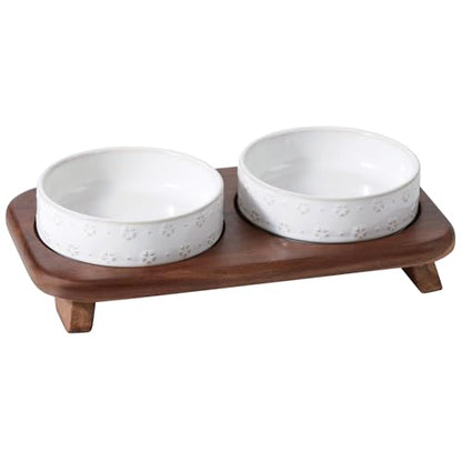 Havniva Cat Food Bowl, 6.1" Raised Cat Bowls with Acacia Wood Stand, Elevated Cat Bowls Ceramic Pet Food & Water Bowl Set, Extra Wide Whisker Friendly Elegant Pet Bowls for Kitten, Cats, Puppy - color: 2 Bowls+Stand- Arctic White