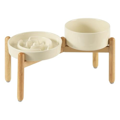 Havniva 8.2” Raised Slow Feeder Dog Bowls Set, 1.6 Cups Ceramic Slow Feeder Dog Bowl and 7.3” Dog Water Bowl with Elevated Wooden Stand Puzzle Dog Food Bowl for Medium Dogs Anti-Gulping & Anti-Choking - color: 2 x Light Yellow+Stand-A, size: 8.2inch