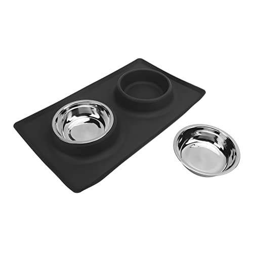GLOGLOW Nan Dog Bowls with Non Slip Silicone Mat, Stainless Steel Double Bowls Set, Foldable for Small Medium Dogs and Cats Dog Daily Necessities (Black)