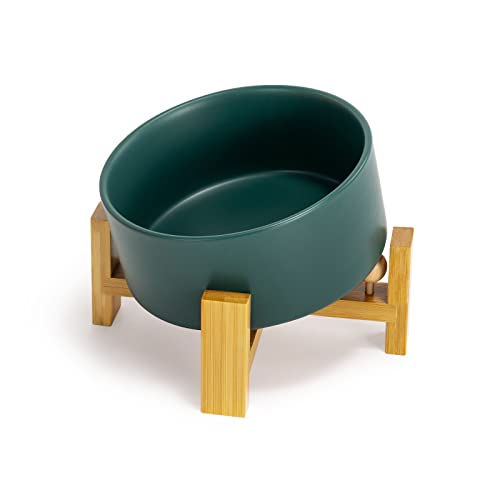 SPUNKYJUNKY 15° Slanted Ceramic Dog Bowl with Elevated Bamboo Stand - Tilted Pet Feeder for French Bulldog Pugs No Slip Anti-Vomiting for Cat Medium Dog Flat Face Pets 28.7 OZ (3.6 Cups, Green) - color: Green, size: 3.6 CUPS × 1