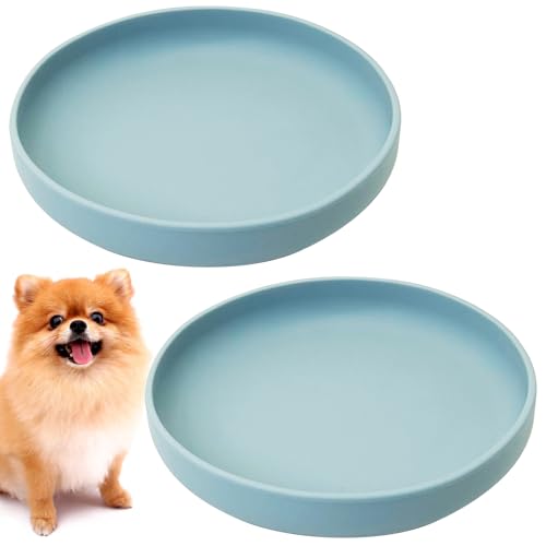 Silicone Dog Bowl Set of 2 Flat Puppy Food & Water Dish Less Mess Cat Dry Food Plates with Suction Cup Non-Tippable Feeding Bowls for Small & Medium-Sized Pets (Round Pale Blue) - color: Pale Blue