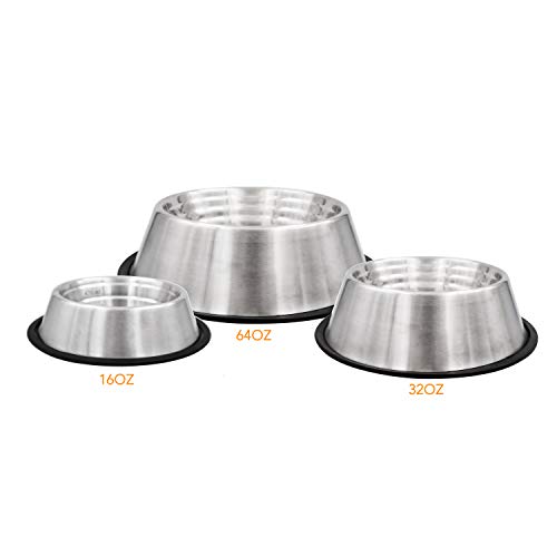 Non-Tip Dog Bowl with Rubber Base, Built-in Measurements, Won't Slip, Skid or Tip, Stainless Steel, 32oz (NTD-32) - size: 32 oz