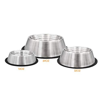 Non-Tip Dog Bowl with Rubber Base, Built-in Measurements, Won't Slip, Skid or Tip, Stainless Steel, 32oz (NTD-32) - size: 32 oz