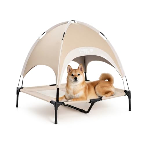 FUNNY FUZZY Elevated Dog Bed with Canopy for Large Dogs up to 120 lbs– Raised Dog Cot Bed with UV Shade,Waterproof,Breathable Mesh,Outdoor & Indoor Use,Portable,Khaki(36"×30"×7") - color: Khaki, size: Large