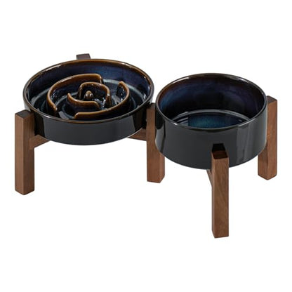 Havniva 1.2 Cup Elevated Slow Feeder Dog Bowls, 7.3” Dog Slow Feeding Bowls + 6.1” Ceramic Dog Water Bowls Set with Acacia Wood Stand, Dog Food Bowls Puzzle Feeder for Small Dogs Non-Slip Anti-choking - color: 2 x Starry Sky + Stand - A, size: M- 7.3inch