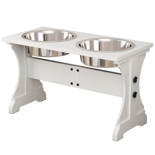 Modern Farmhouse Dog Bowls Stand, Elevated Dog Bowls with 2 Stainless Steel Wooden Bowls, 80 oz Bowl-White - color: White, size: 9 Cups 13.8"H_80 oz Bowl