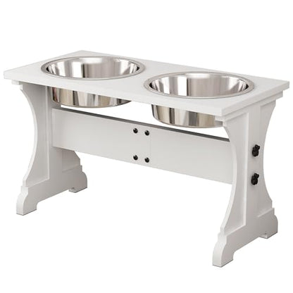 Modern Farmhouse Dog Bowls Stand, Elevated Dog Bowls with 2 Stainless Steel Wooden Bowls, 80 oz Bowl-White - color: White, size: 9 Cups 13.8"H_80 oz Bowl