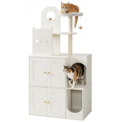 HOOBRO Cat Litter Box Enclosure Furniture for 2 Cats, 2 in 1 Hidden Litter Box Furniture with Sisal Scratching Posts and Dangling Balls, Double Litter Box Cabinet with Cat Tree, Indoor Cat House White