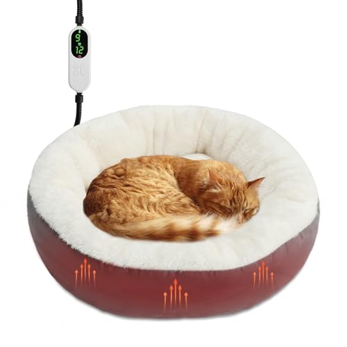 Rypet Heated Cat Bed Indoor, Soft & Cozy Donut Heated Pet Bed with Timer and Timer, Adjustable Temperature Heated Dog Beds for Small Dogs and Senior Cats with Chew Resistant Cord