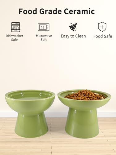 LoeJan Elevated Green Cat Bowls Set - Wide Raised Ceramic Feeder, Anti-Vomit Whisker-Free Bowl for Kittens to Adult Cats - color: Green, size: Single (Food Bowl)