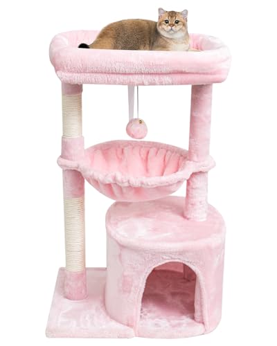 SYANDLVY Small Cat Tree for Indoor Cats, Cat Tower with Scratching Post, Modern Cat House with Padded Perch, Kittens Condo with Cradle, Cat Cave, Pink - color: Pink