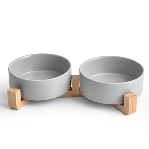 Mowtanco Grey Ceramic Dog & Cat Bowl Set – 13.5 OZ with Wooden Stand, Non-Slip, Elevated Design for Small Dogs & Cats – 2 Bowls (Food & Water, Ceramic Pet Bowls, Modern Dog Bowls) - color: Gray × 2