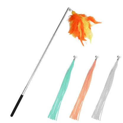 Andiker 5Pcs Retractable Cat Wand Toy, Cats Toy Set Contains 1 Feather Teaser & 3 Replaceable Tassels with Bell Stimulate Cats Hunting and Chasing Instincts Interactive Cat Toys (Orange) - color: Orange