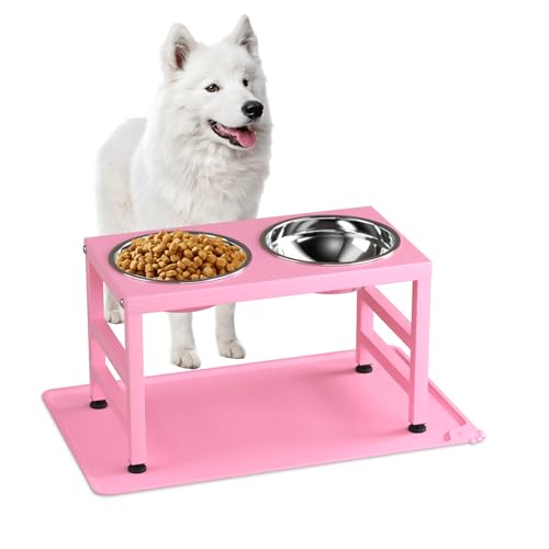 ADENGL Pink Metal Raised Dog Bowl Stand for Large Dogs, Stronger Elevated Dogs Bowls with Sprill Proof Mat, Food & Water Bowl 10in Tall Feeder (42OZ-Stainless Steel Dog Bowls, Mat-12x19 in) - color: Pink - L Silicone Dog Mat, size: Height-10inch