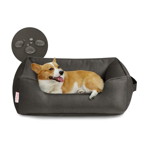 Miguel Waterproof Outdoor Dog Bed for Medium Small Dogs, Oxford Pet Bed Tough with Sides Easy Clean, All Weather Rectangle Puppy Bed with Removable Cover Bolster Bed Scratch Resistant, 30 inches - color: Brown - Waterproof Oxford, size: L (30" x 24" x 9")
