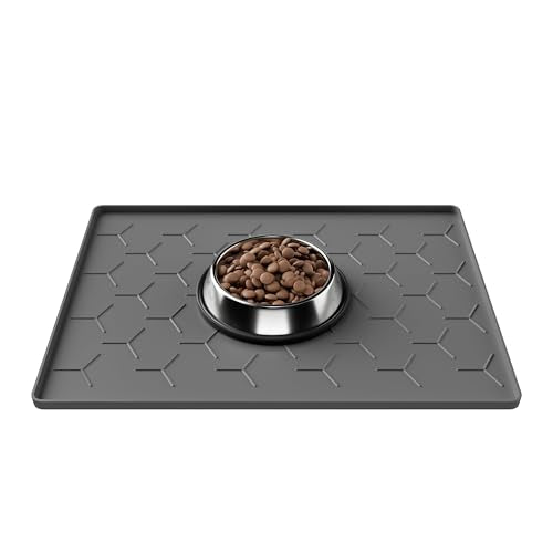 Pieviev 16''x12'' Dog Cat Food Bowl Mat, Silicone Waterproof Food Grade Pet Food Mat for Floor, High Raised Edge to Prevent Spills, Non-Slip & Easy Clean Pet Placemat for Dog & Cat Bowls, Dark Gray - color: Dark Gray, size: S-16''X12''
