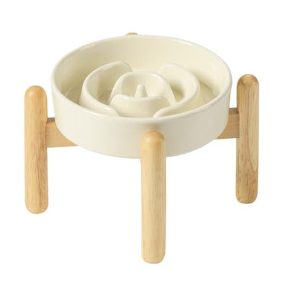 Havniva 6.1” Raised Slow Feeder Dog Bowls, 0.9 Cups Ceramic Dog Bowl Slow Feeding for Small Breed, Elevated Puzzle Dog Food Bowl with Wooden Stand Non-Slip Anti-Gulping & Anti-Choking - color: 1 x Light Yellow+Stand-A, size: 6.1inch-New