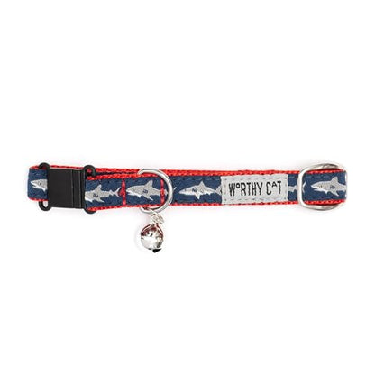 THE WORTHY DOG Jaws Cat Collar with Bell, Adjustable Nylon Safety Collar, Blue, One Size - color: Blue-Jaws