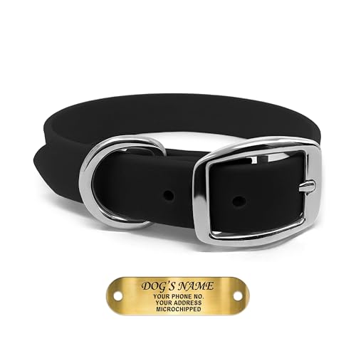 Regal Dog Products Large Black Waterproof Dog Collars with Custom Engraved Name Plate | Vinyl Coated, Anti, Easy to Clean Personalized Biothane Dog Collar - Other Sizes for Small & Medium Dogs - color: Black, size: Large Collar