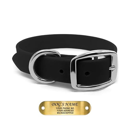 Regal Dog Products Medium Black Waterproof Dog Collars with Custom Engraved Name Plate | Vinyl Coated, Anti, Easy to Clean Personalized Biothane Dog Collar - Other Sizes for Small & Large Dogs - color: Black, size: Medium Collar