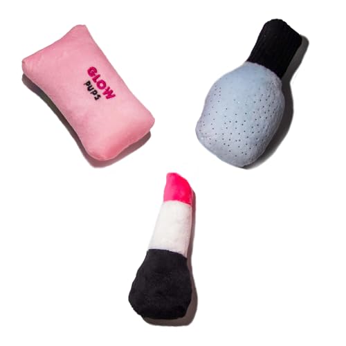 Glow Pups Plush Dog Toy Set, Squeaky Lipstick, Cell Phone and Nail Polish Dog Toys, Crinkle Material, Interactive Fun, Puppy Teething Toys, Pink/Fuchsia (3 Pack) - style: 3 Pack: Lipstick, Cell Phone and Nail Polish Dog Toys