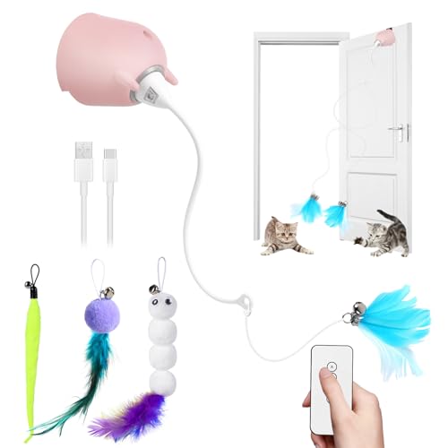 Cat Toys Interactive for Indoor Cats, Rechargeable Toy Hanging Door Electric with 4pcs Feathers Toys for Bored Kittens (Pink) - color: Pink