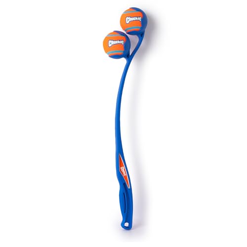 Chuckit! The Duo 22M Double Launcher Dog Toy, 22" Length, Includes 2 Medium Tennis Balls (2.5") Size Medium for Breeds 20-60lbs, for Multi-Dog and Pack Play, Launches Two Balls at Once - style: The Duo