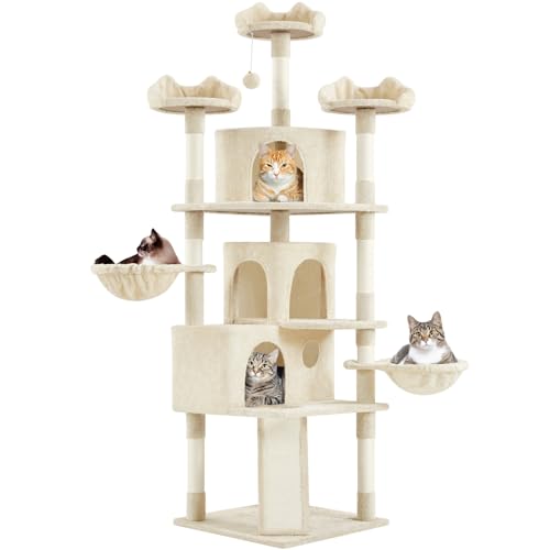 Yaheetech 76.5in Multi-Level Large Cat Tree, Big Cat Tower with 3 Condos, Cozy Plush Perches, 9 Sisal Scratching Posts and Ladder, Activity Center for Large Kitties, Beige - color: Beige
