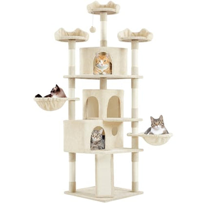 Yaheetech 76.5in Multi-Level Large Cat Tree, Big Cat Tower with 3 Condos, Cozy Plush Perches, 9 Sisal Scratching Posts and Ladder, Activity Center for Large Kitties, Beige - color: Beige