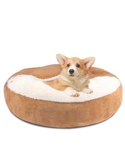 Pet Soft Small Dog Bed Cat Bed with Cover Cave - Round Calming Dog Beds Washable Cuddler Puppy Beds for Small, Medium Dogs and Cats (Khaki, 27") - color: Khaki, size: Medium (27"x27"x8")