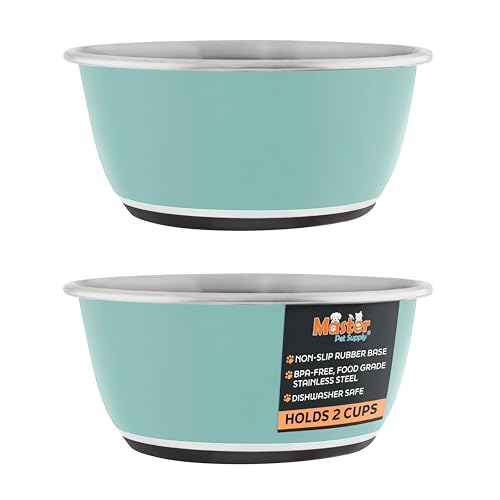 Master Pet Supply Stainless Steel Dog Bowls Set of 2 (16 Oz Each) with Non-Slip Rubber Base - Aqua Sky - Basic Dog Food Bowl Water & Food Bowls for Small Medium Large Dogs & Cats, Metal Dish - color: Aqua Sky, size: 2 Cups (16 Oz) 2 Pack