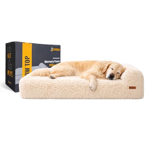 KOPEKS Orthopedic Memory Foam Dog Bed 7" Inch Thick Extra Large Dog Bed with Pillow Fluffy Brown 50"x34"x10" Includes Waterproof Liner & Durable Removable Cover with Smart Design - color: Brown (Light) - Fluffy