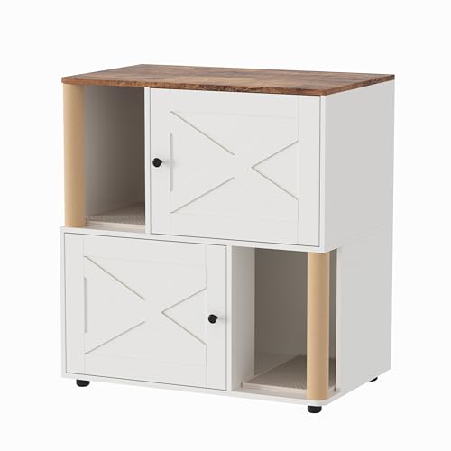 Garvee Double Layer Cat Litter Box Furniture, 2 in 1 Hidden Litter Box Furniture with Scratching Post and Litter Mats, Wooden Corner Cabinet Cat Washroom Bed - color: White X-Door