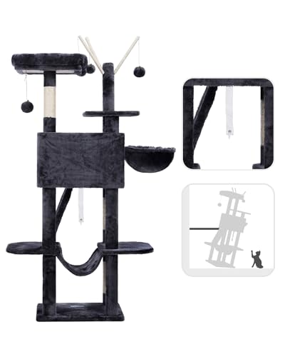 Hey-brother Cat Tree, 53 inch Cat Tower for Indoor Cats, Cat House with Padded Platform Bed, Toy Balls, Large Cozy Condo, Hammocks and Sisal Scratching Posts, Smoky Gray MPJ019-SG - color: Smoky Gray