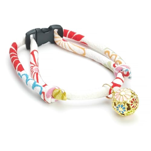 Breakaway Cat Collar with Chrysanthemum Bell, Cute Japaness Chirimen Kitten Collar for Girl and Boy Kitty - color: White