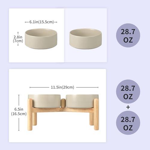 SPUNKYJUNKY Ceramics Raised Bowls with Wooden Stand - Elevated Dog Food and Water Bowl (Double 28.7OZ, Grey) - color: Grey (Double Bowls Set), size: Medium - 3.6 CUPS