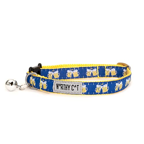 THE WORTHY DOG Patterned Cheers Cat Collar with Bell, Adjustable Nylon Safety Collar, Navy, One Size - color: Navy-Cheers