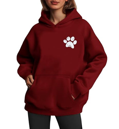 Womens Dog Paw Hoodie-Long Sleeve Pullover Fleece Lined Dog Mom Sweatshirts with Pocket - color: B-dark Red, size: X-Large