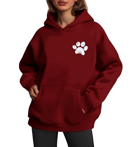 Womens Dog Paw Hoodie-Long Sleeve Pullover Fleece Lined Dog Mom Sweatshirts with Pocket - color: B-dark Red, size: Medium