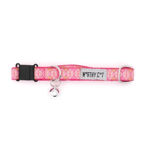 THE WORTHY DOG Patterned Medallion Cat Collar with Bell, Adjustable Nylon Safety Collar, Pink, One Size - color: Pink-Medallion