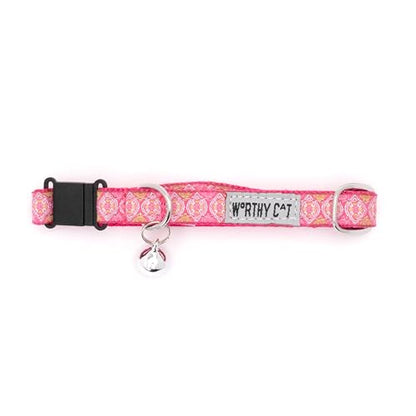 THE WORTHY DOG Patterned Medallion Cat Collar with Bell, Adjustable Nylon Safety Collar, Pink, One Size - color: Pink-Medallion