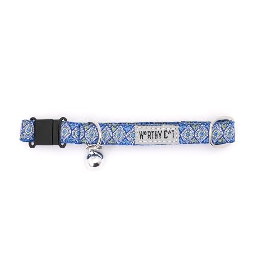 THE WORTHY DOG Patterned Medallion Cat Collar with Bell, Adjustable Nylon Safety Collar, Blue, One Size - color: Blue-Medallion