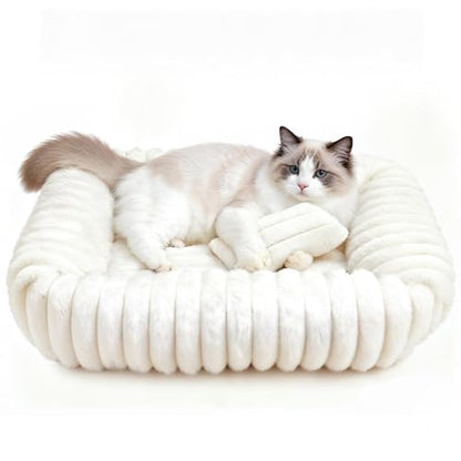 Cat Beds for Indoor Cats, Square Self Warming Cat Bed Orthopedic Pet Bed with Pillow Super Soft Rabbit Fur Small Dog Beds, Calming Plush Kitten Bed with Removable Washable Cover & Anti-Slip Bottom - size: 22*18*6 inces