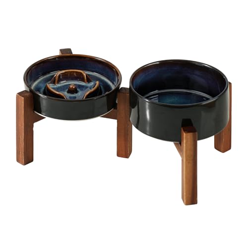 Havniva 0.9 Cup Elevated Slow Feeder Dog Bowls, 6.1” Dog Slow Feeding Bowls + 6.1” Ceramic Dog Water Bowls Set with Acacia Wood Stand, Dog Food Bowls Puzzle Feeder for Small Dogs Non-Slip Anti-choking - color: 2 x Starry Sky + Stand - A, size: S- 6.1inch