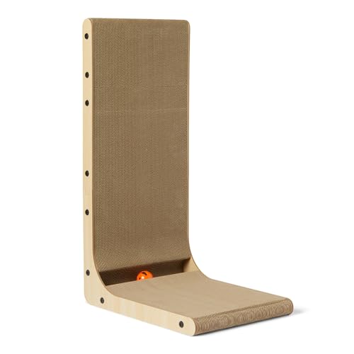 Amazon Basics Cat Scratch Post L-Shaped Cat Scratching Post Cat Scratch Pad with Interactive Ball Toy & Catnip, Cardboard Cat Wall Climber for Indoor Cats & Kittens, 16.5 x 11.4 x 26.8 in