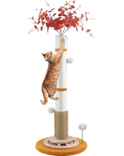 Cat Scratching Post,45'' Tall Scratching Post for Indoor Cats Adults,Cat Scratcher with 3.5Inch Diameter,Sisal Rope,Interactive Ball Toys,Self Groomer Brush for Large Cats Kittens - color: yellow-45inch