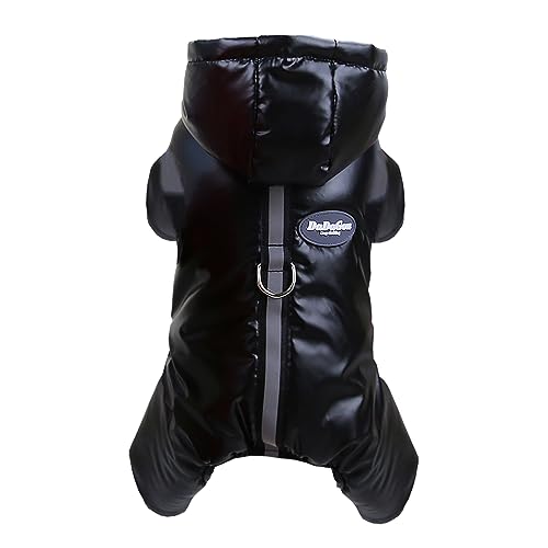 Izefia Dog Coat Windproof Jacket Cold Weather Coats 4 Legs Warm Jumpsuit Winter Thick Clothes Snow Proof Cotton Coat for Small Dog Medium Cat Black M - color: Black, size: Medium (Back length: 8.7 inches)