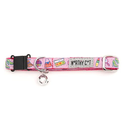THE WORTHY DOG Patterned Fashionista Cat Collar with Bell, Adjustable Nylon Safety Collar, Pink, One Size - color: Pink-Fashionista